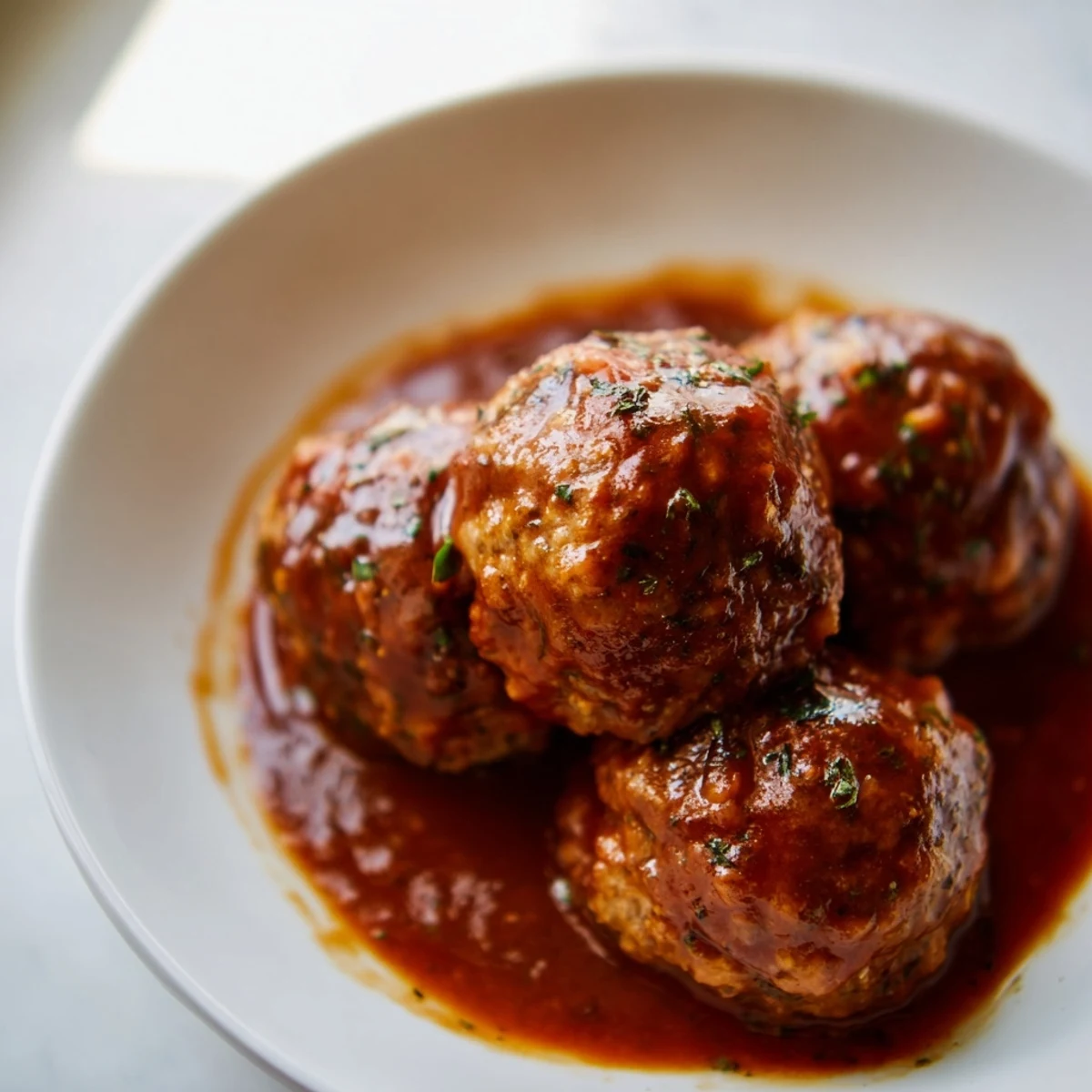 Golden-brown turkey meatballs simmering in a rich marinara sauce, topped with fresh parsley and Parmesan, ready to serve over spaghetti.