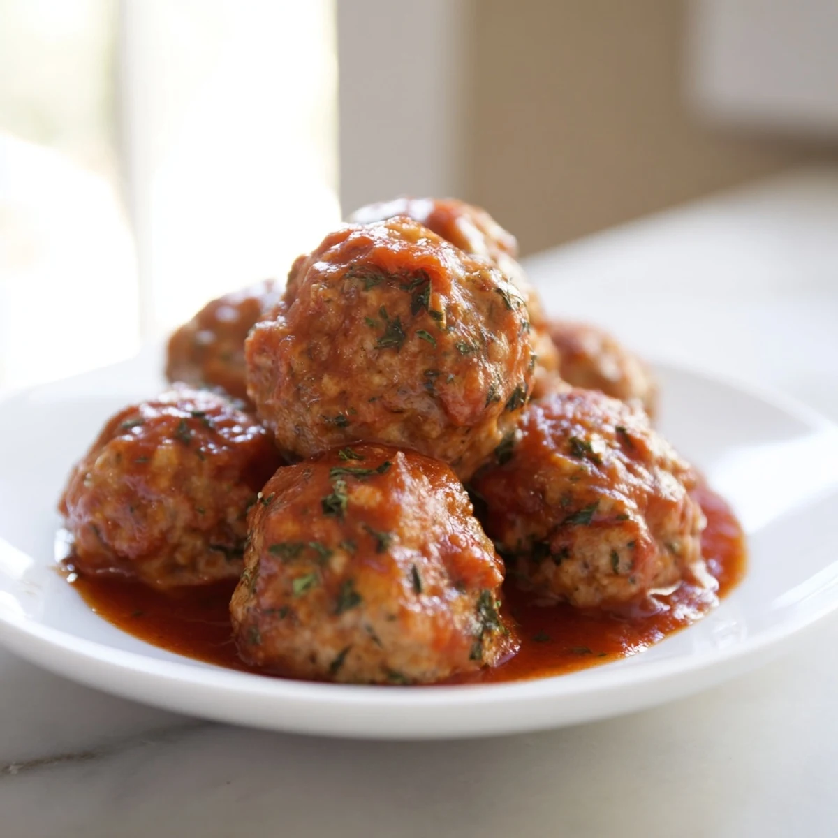 Juicy Touchdown Turkey Meatballs nestled in herbed marinara, perfect for a game day appetizer or a hearty family dinner.