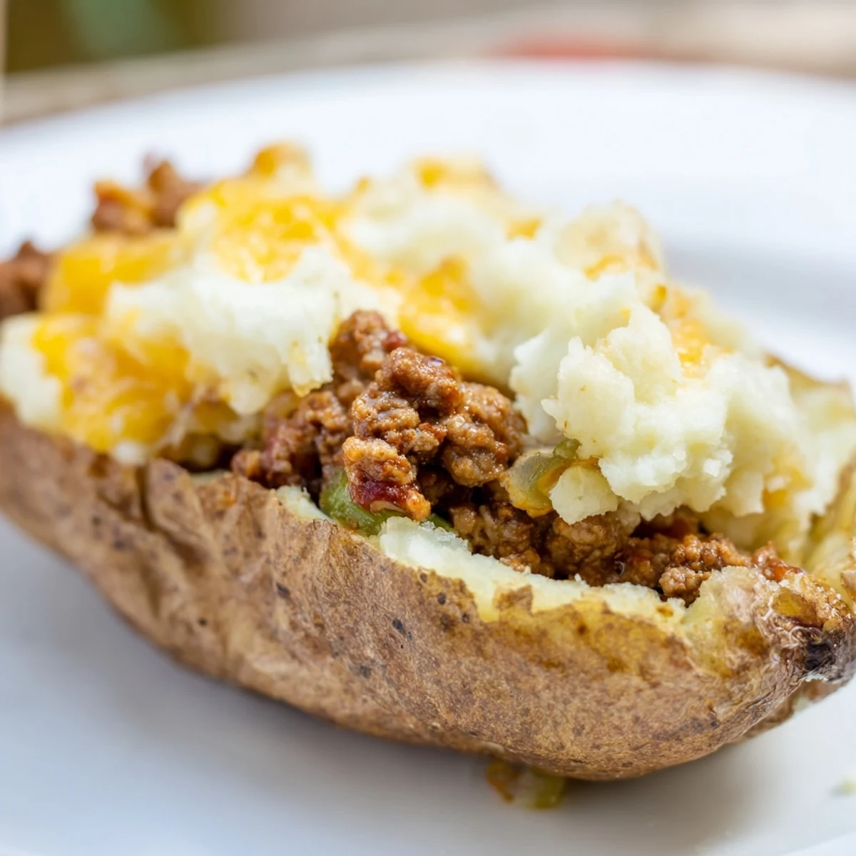 These St. Patricks Day Shepherds Pie Potato Skins feature golden cheddar tops beside a pint of stout.
