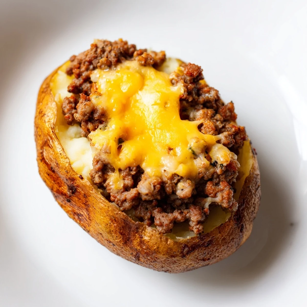 Crackly St. Patricks Day Shepherds Pie Potato Skins hold rich beef filling under fluffy mashed potatoes.