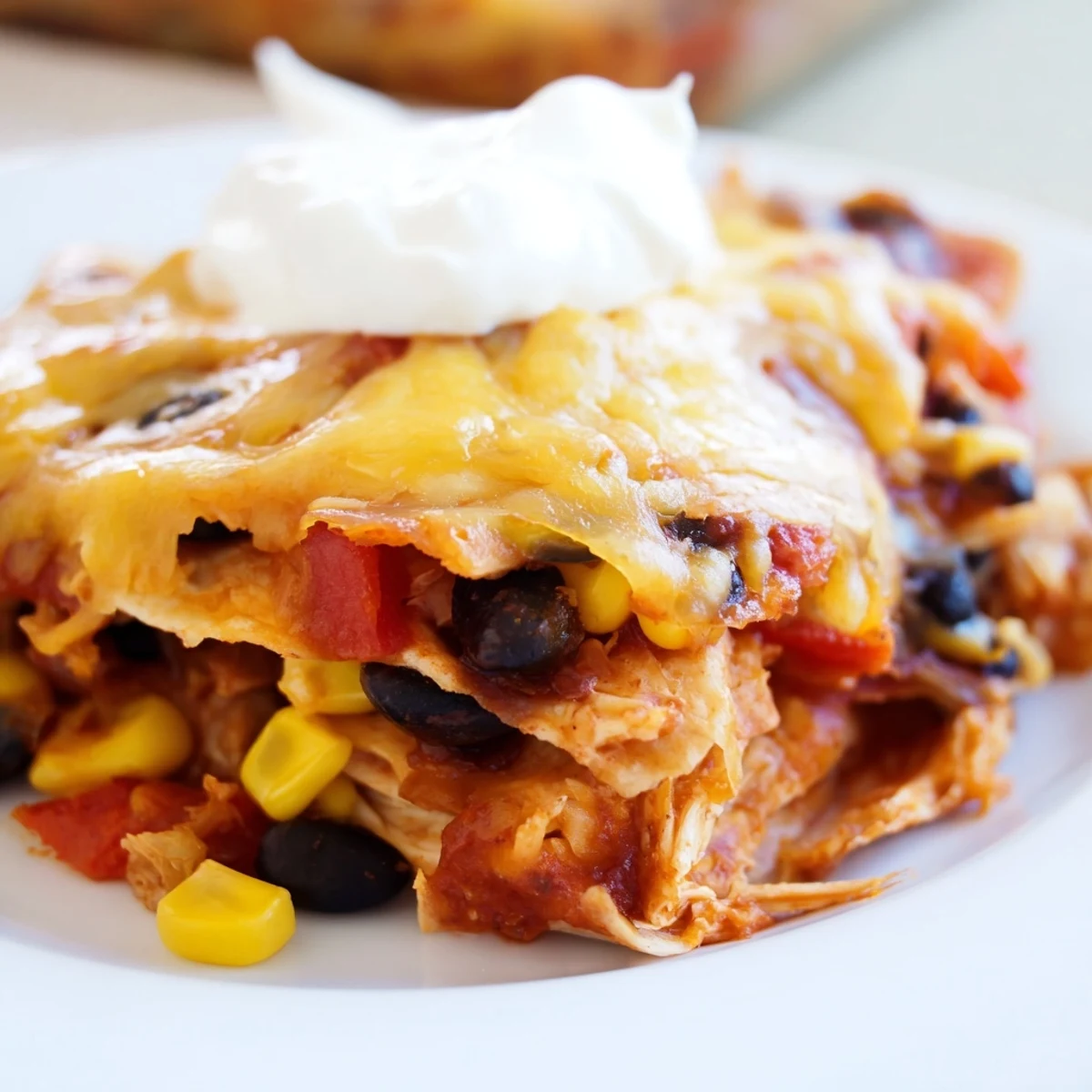 Golden-brown Chicken Enchilada Casserole with Black Beans bubbly from the oven, topped with melted cheese and fresh cilantro.  