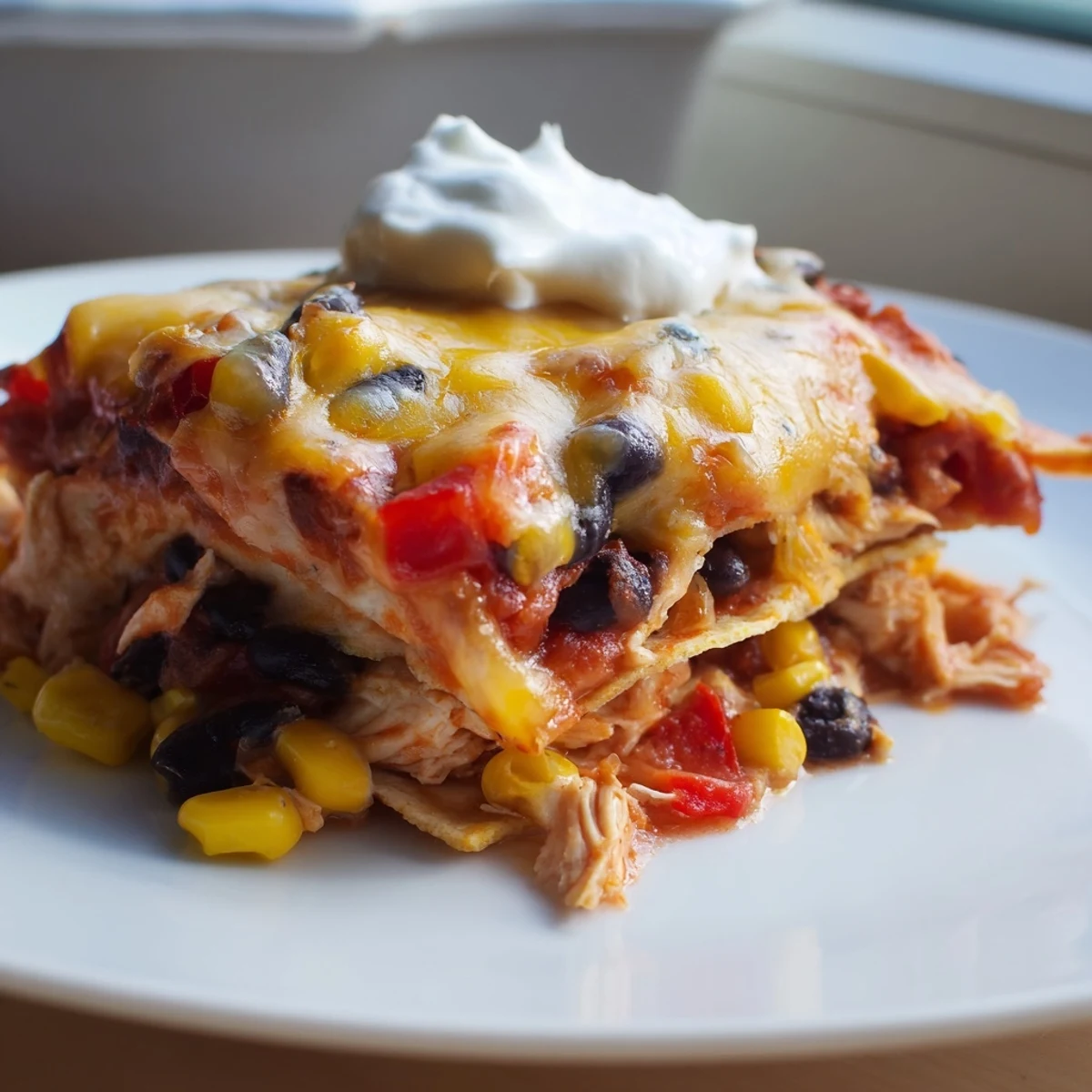 A slice of Chicken Enchilada Casserole with Black Beans reveals layers of tortillas, chicken, and beans in red sauce.  
