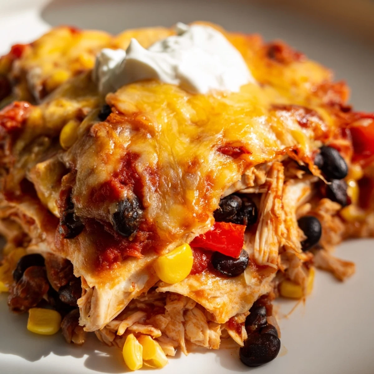 A colorful serving of Chicken Enchilada Casserole with Black Beans garnished with avocado, jalapeños, and a lime wedge.