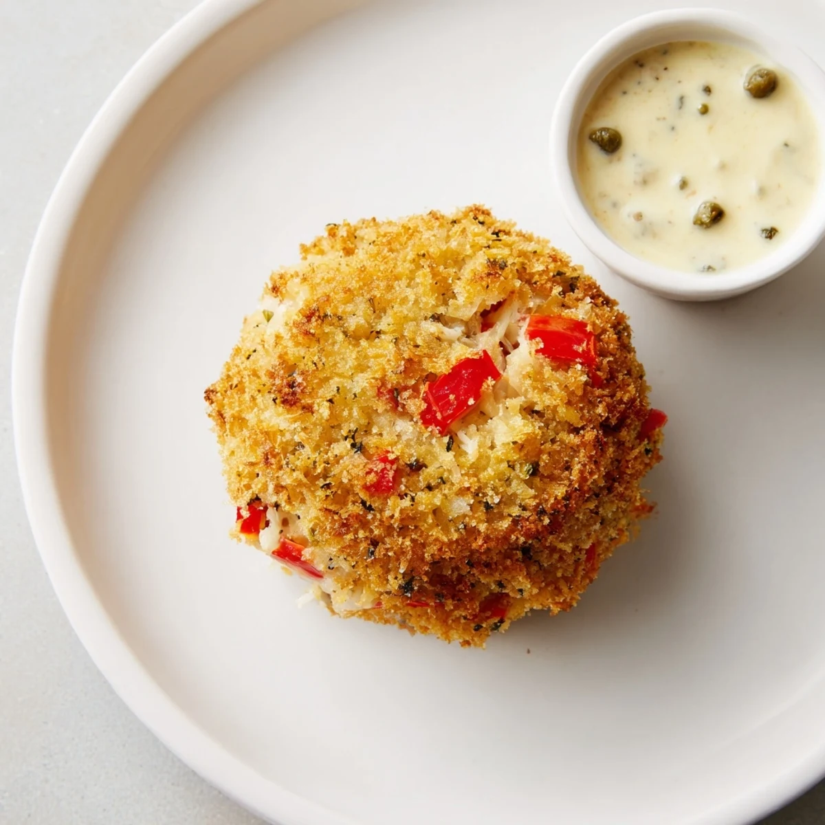 A close-up view shows pan-fried Mardi Gras Crab Cakes with remoulade, highlighting their golden crust and chunky crab texture.  