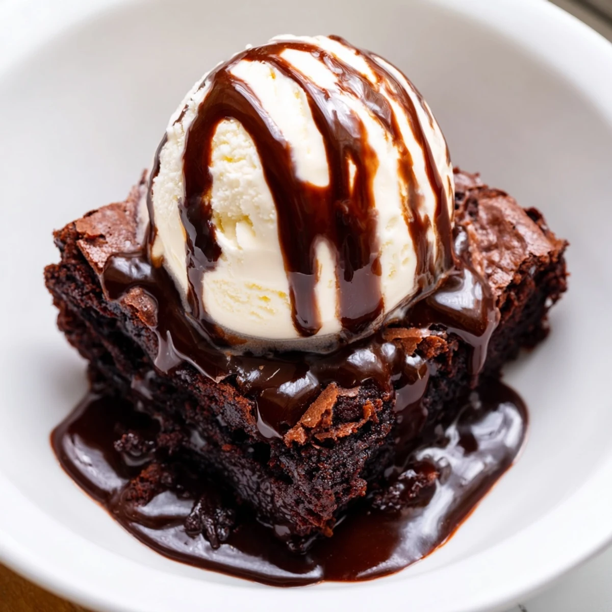 A close-up of the Chocolate Brownie Sundae with hot fudge dripping over vanilla ice cream and a crisp brownie base.