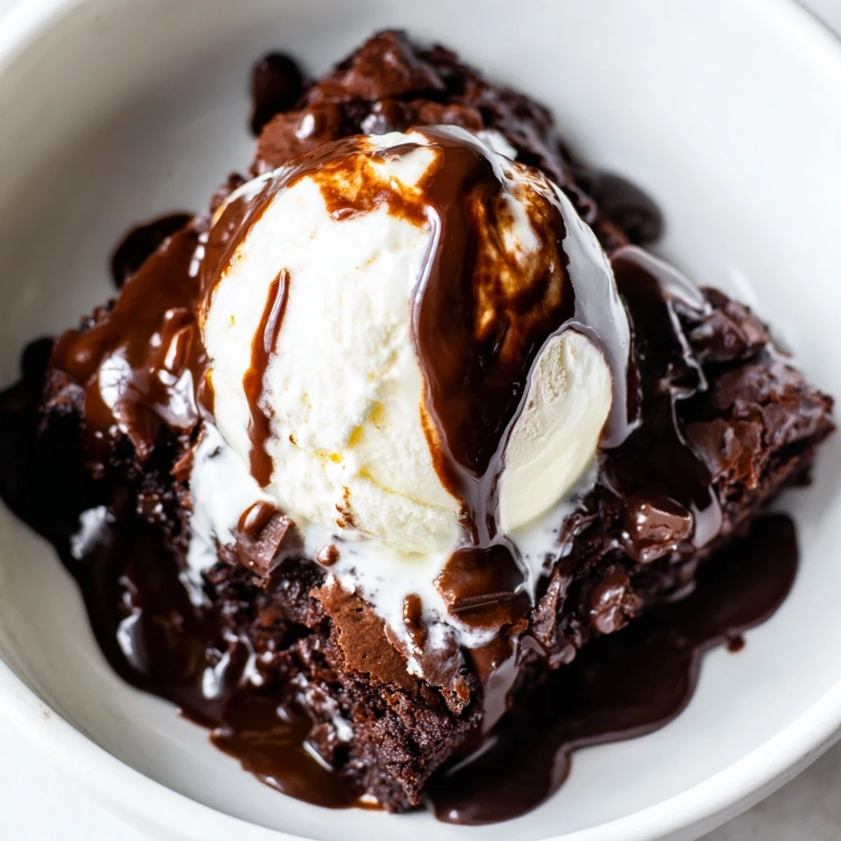 Classic American Chocolate Brownie Sundae with warm fudge sauce, whipped cream, and a cherry on top for serving.
