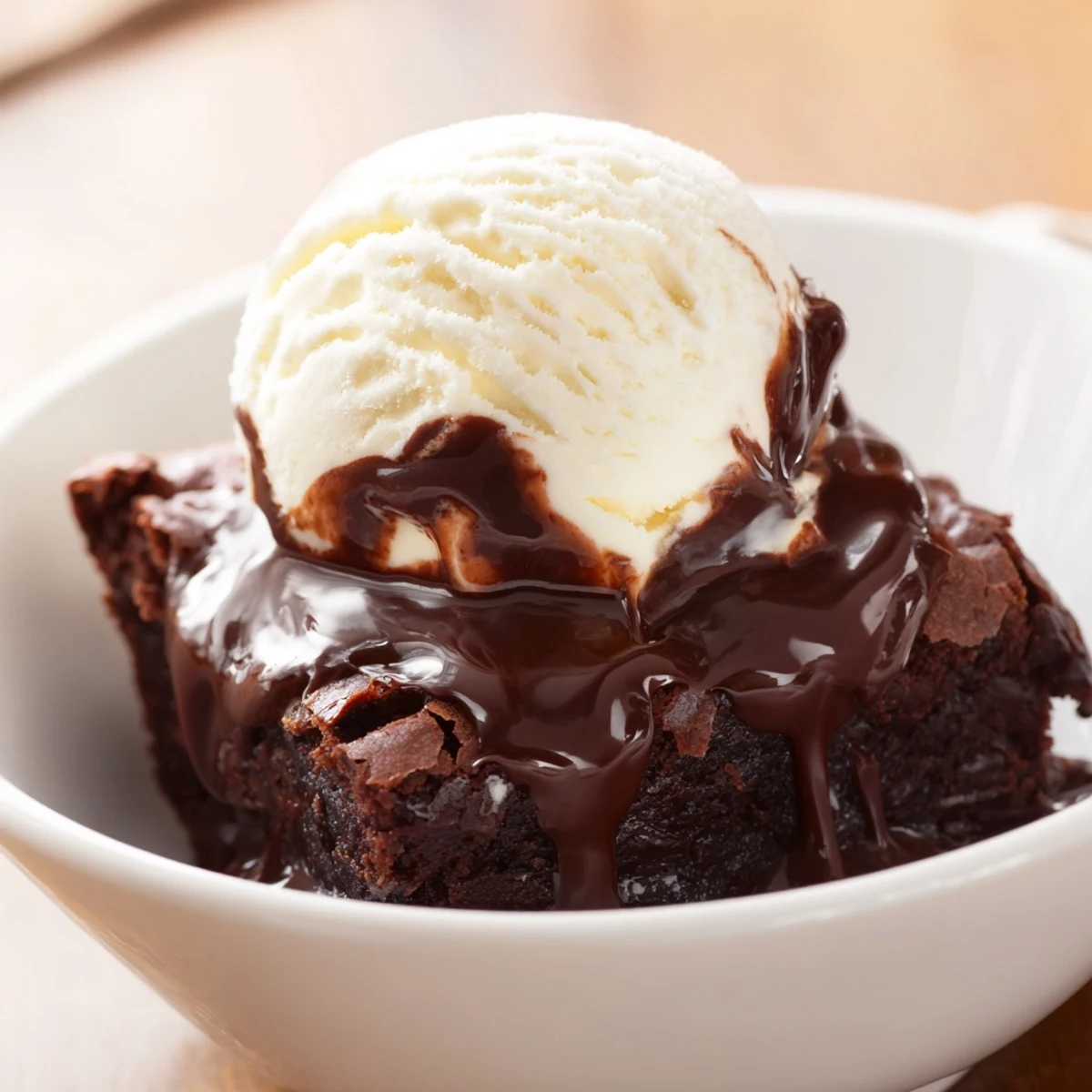 In a rustic bowl, the Chocolate Brownie Sundae features a chewy brownie, creamy ice cream, and glossy hot fudge.