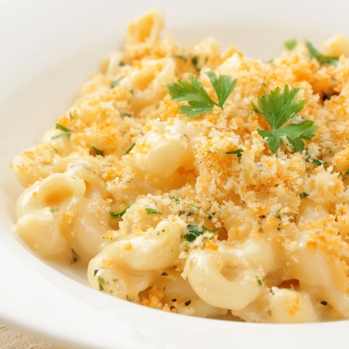 Freshly baked macaroni and cheese emerges from the oven with a golden, crispy breadcrumb topping.