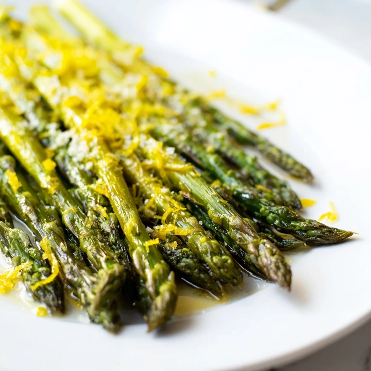 Tender roasted asparagus with lemon zest and Parmesan on a baking sheet, served warm.