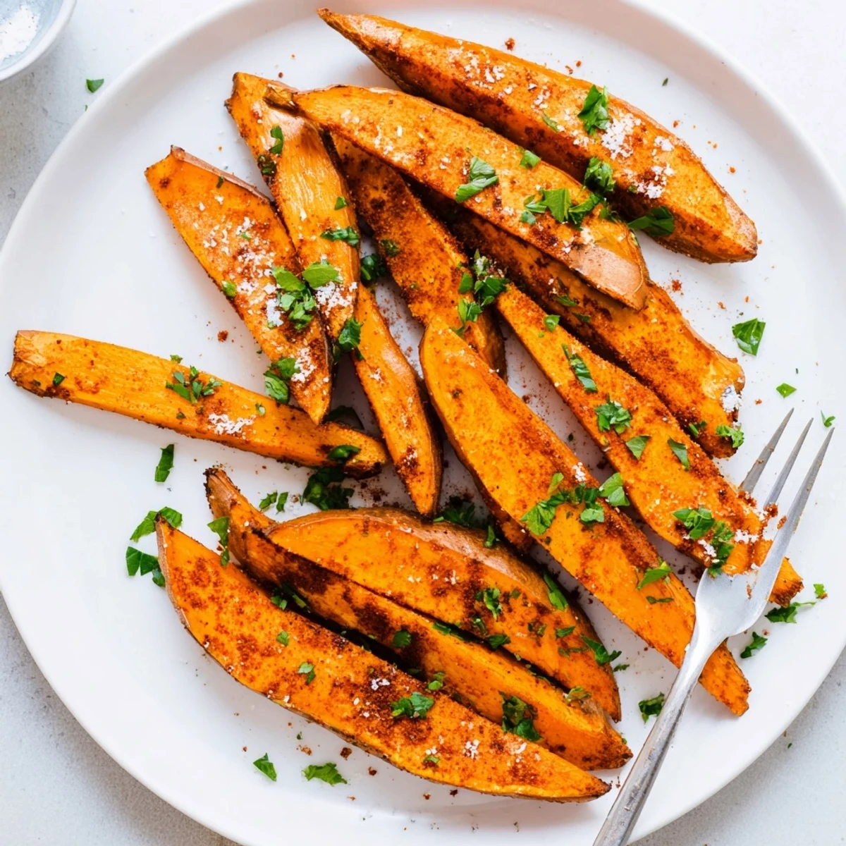 Golden, oven-baked Crispy Sweet Potato Wedges with a crispy exterior and tender center, served hot and seasoned to perfection.  