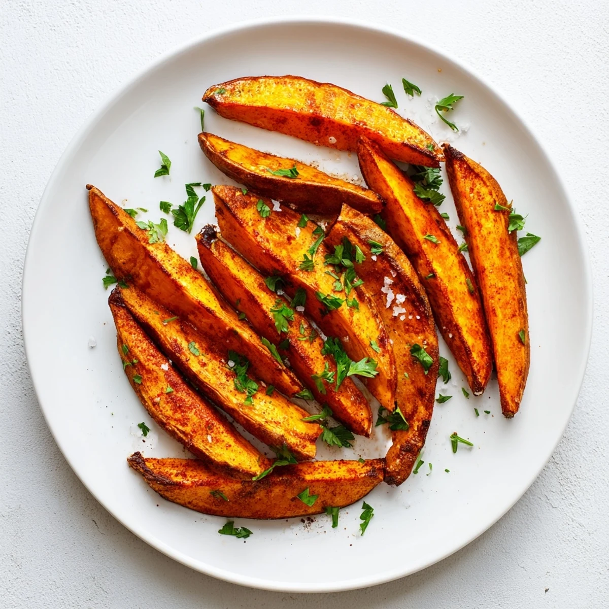 A close-up of seasoned Crispy Sweet Potato Wedges garnished with fresh parsley, resting on a rustic wooden serving board.  