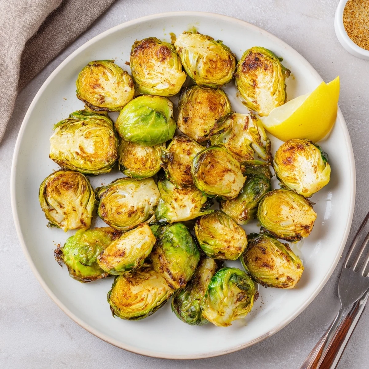 Roasted Brussels sprouts halves on a baking sheet with golden-brown, crispy edges and tender green centers.