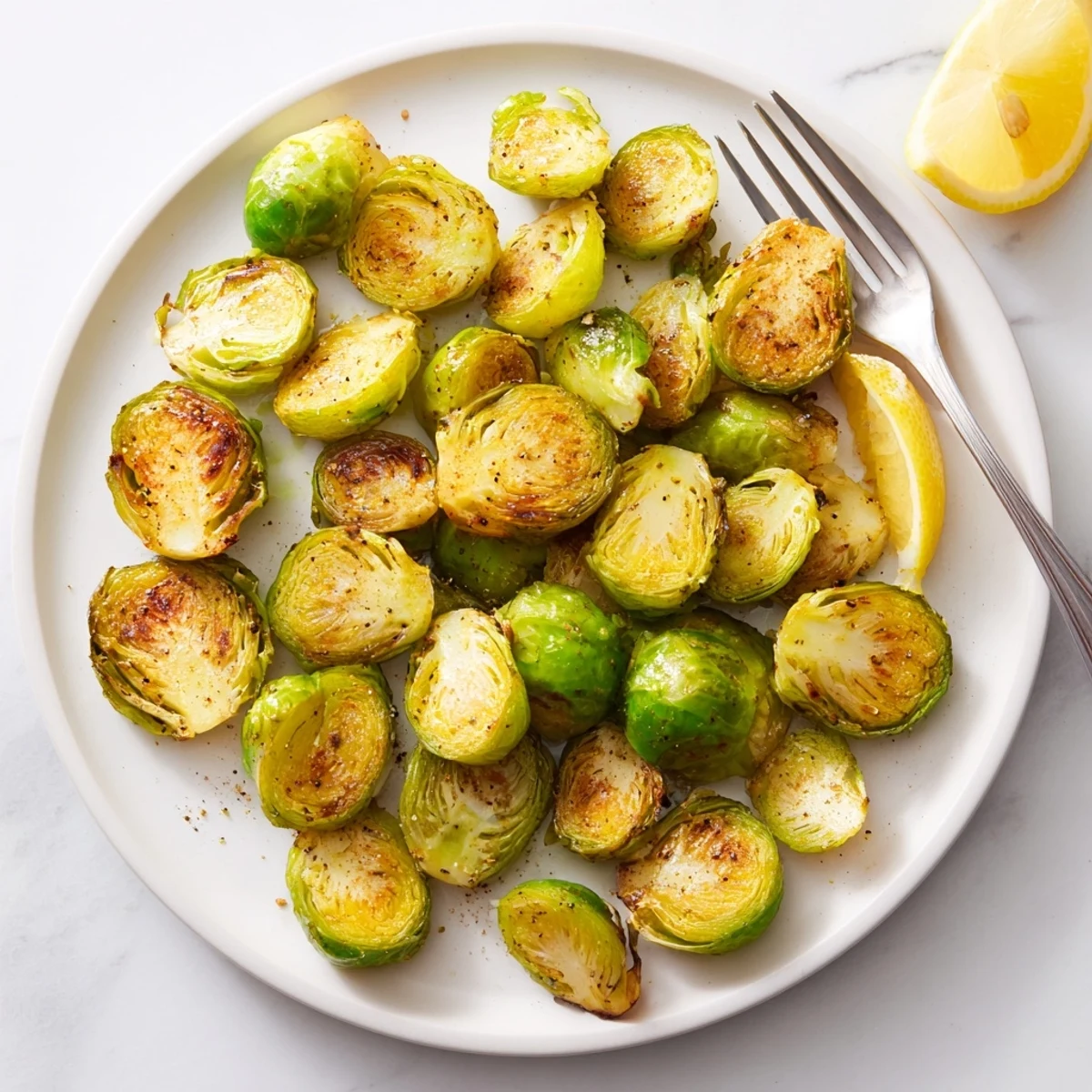 Golden roasted Brussels sprouts halves served hot with a light lemon squeeze and grated Parmesan.
