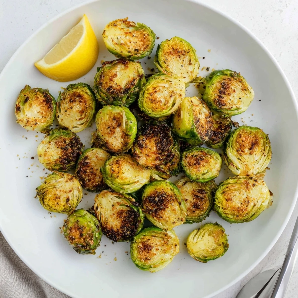 Crispy roasted Brussels sprouts halves arranged cut-side down, seasoned with garlic and smoked paprika.
