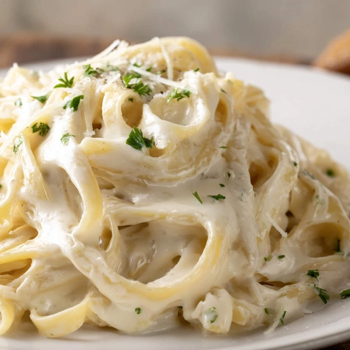 A bowl of creamy pasta coated in velvety Creamy Meal Pasta Sauce with sautéed garlic and Parmesan.