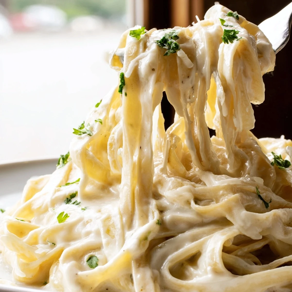 Tossing fettuccine with Creamy Meal Pasta Sauce, finished with cracked black pepper and nutmeg.