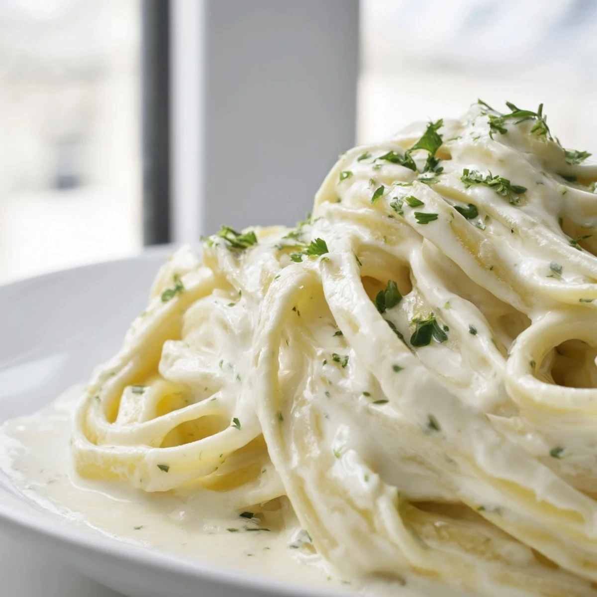 Garlic and Parmesan Creamy Meal Pasta Sauce simmering in a pan with fresh parsley garnish.
