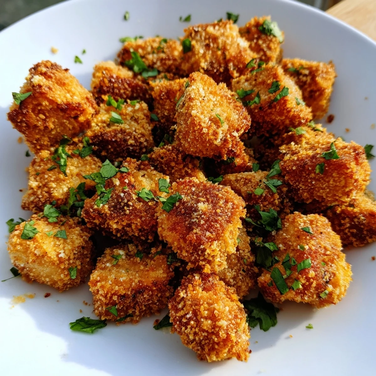 Golden-brown spicy Chicken Treat Bites fresh from the oven, garnished with cilantro and served with lime wedges on a rustic plate.  