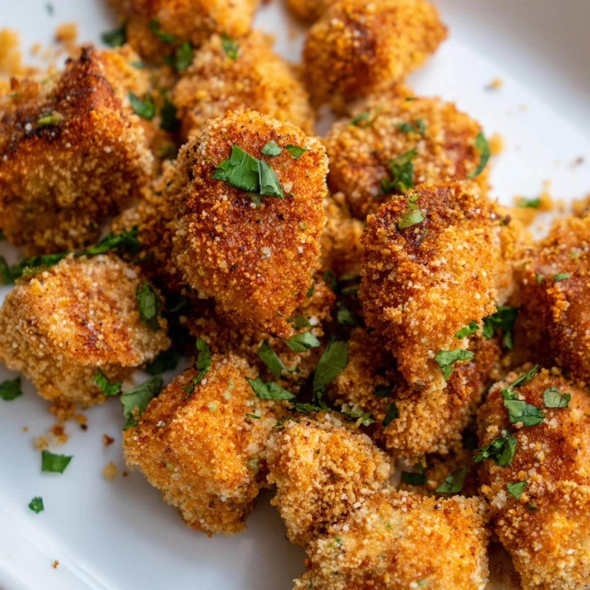 A close-up shot of crispy, bite-sized Chicken Treat Bites, showing the juicy interior and crunchy golden coating.