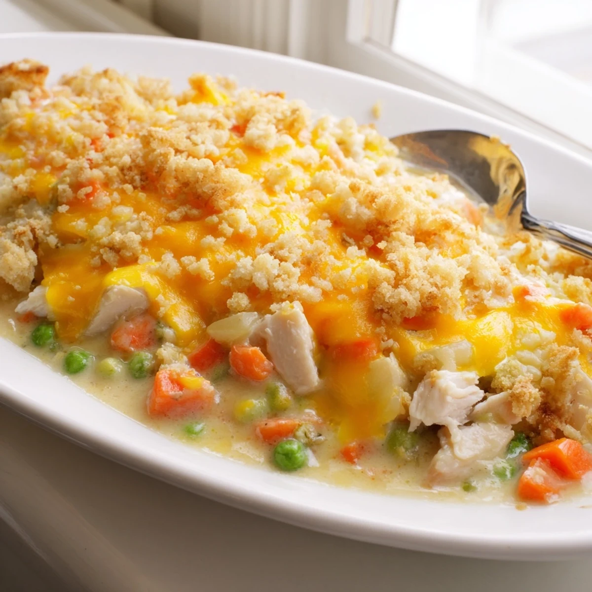 Freshly baked turkey casserole bake with a golden, crispy breadcrumb and cheddar cheese topping, bubbling in a 9x13-inch dish.  