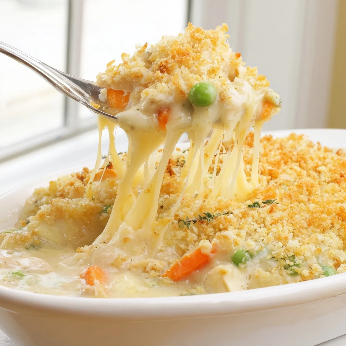 Serving a comforting slice of creamy turkey casserole bake, loaded with tender peas, carrots, and celery, perfect for a family dinner.  