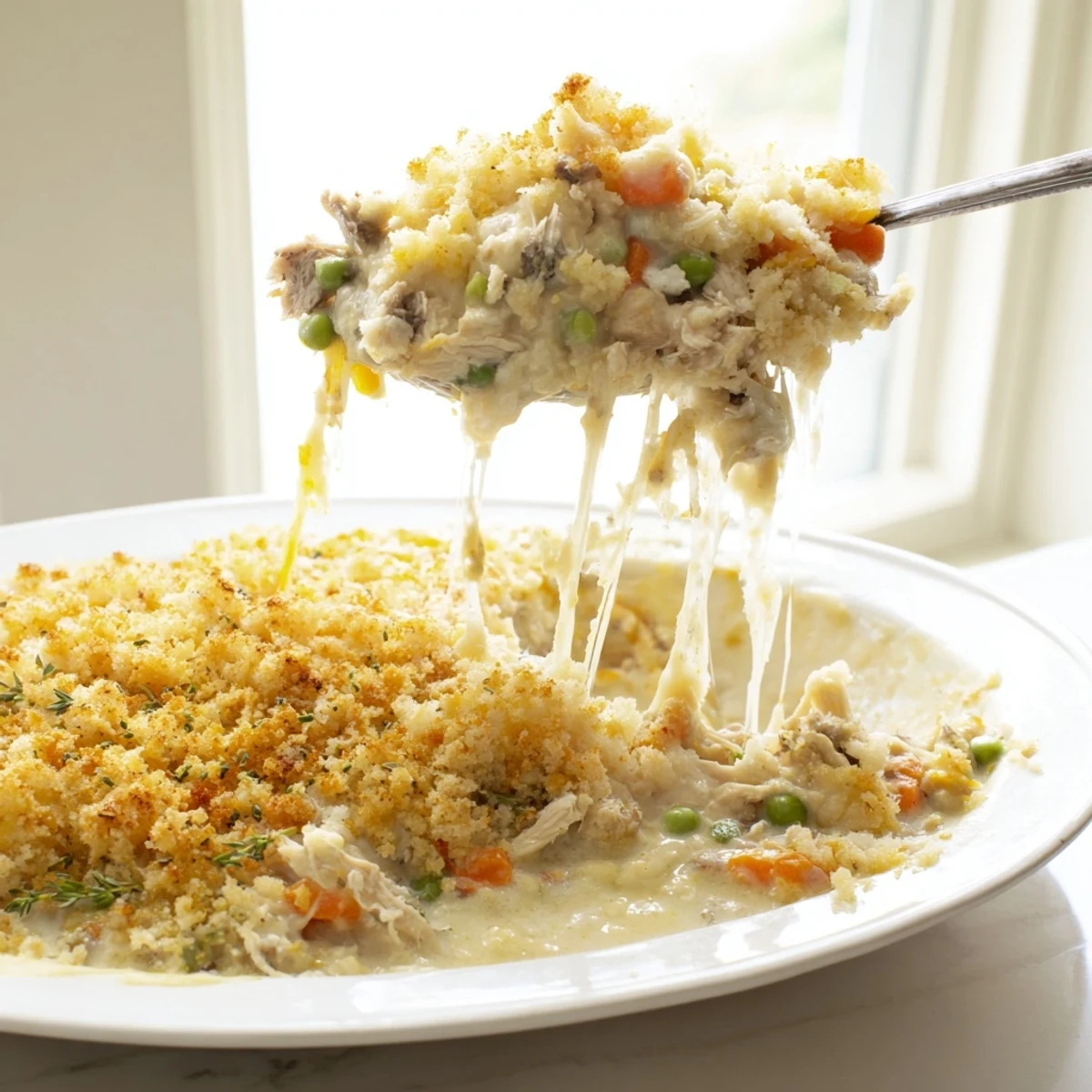 Golden brown turkey casserole bake emerging from the oven, featuring a hearty blend of turkey and vegetables under a cheesy crust.