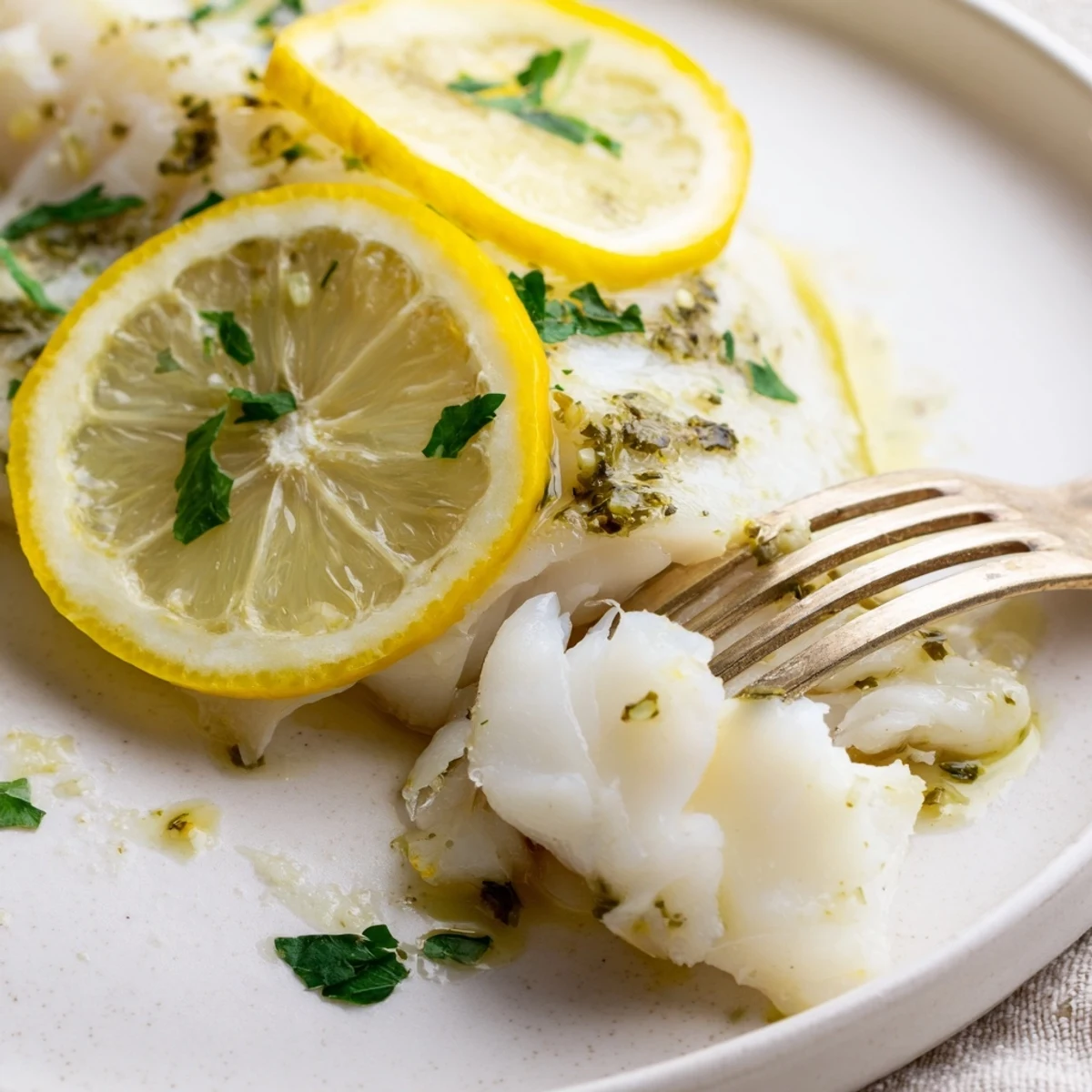 Fragrant baked fish fillet with lemon slices and fresh parsley garnish on a white plate.