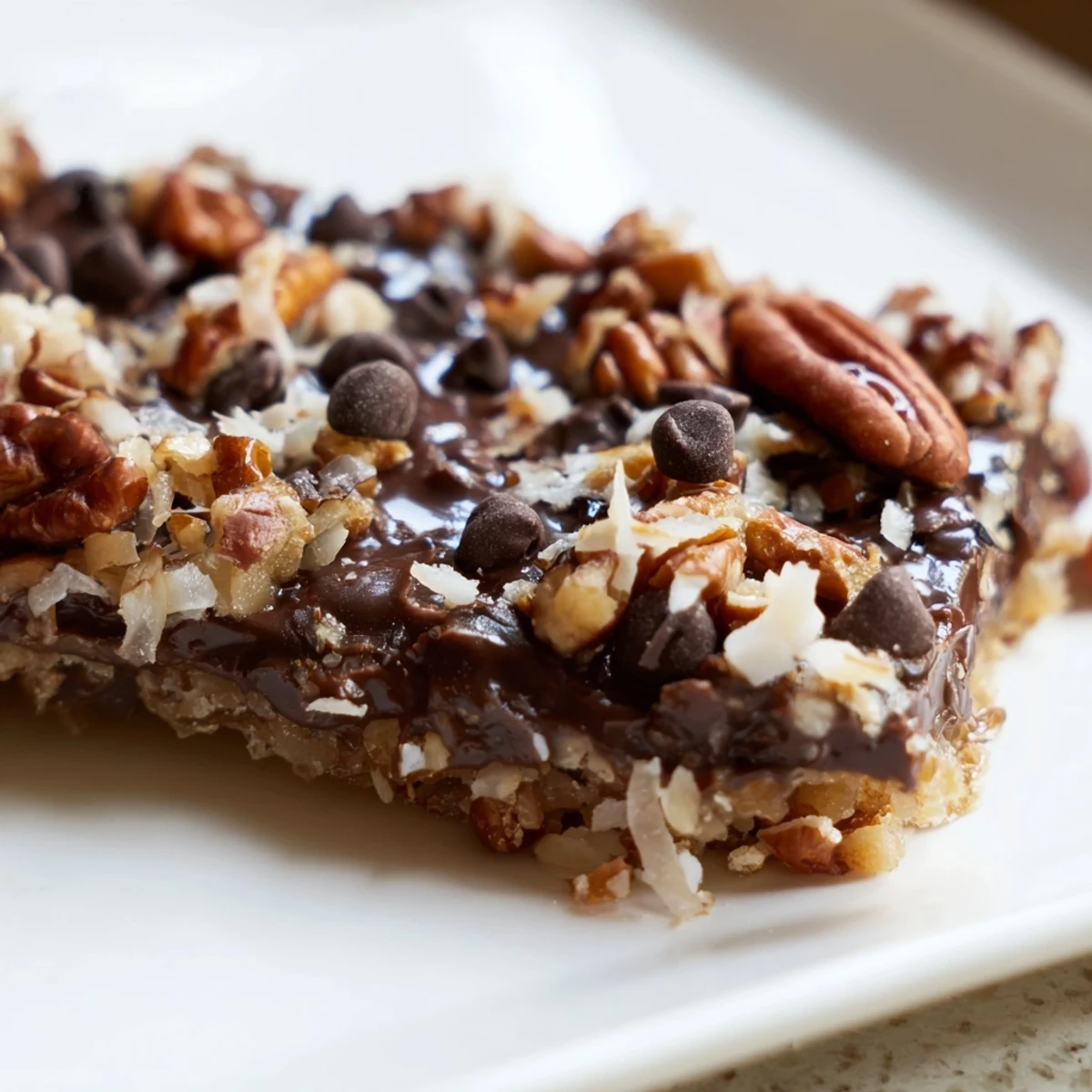 Golden-brown baked crust topped with melted chocolate, mini chips, and chopped nuts for Chocolate Treat Bar Sweet.