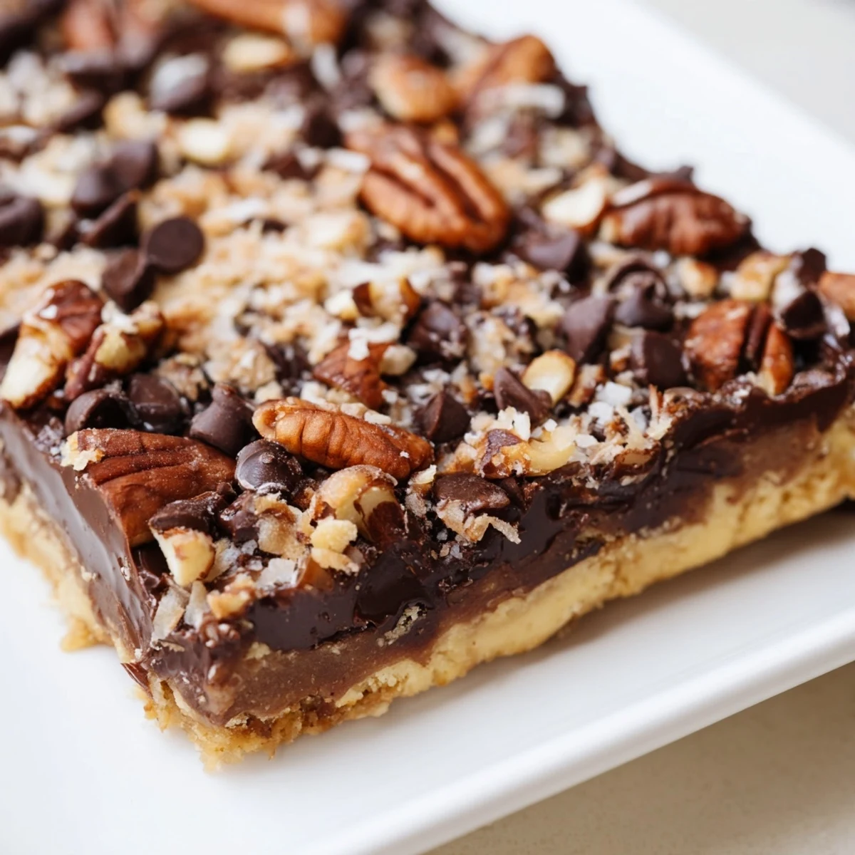 A warm, gooey square of Chocolate Treat Bar Sweet on a plate, served with a tall glass of cold milk.