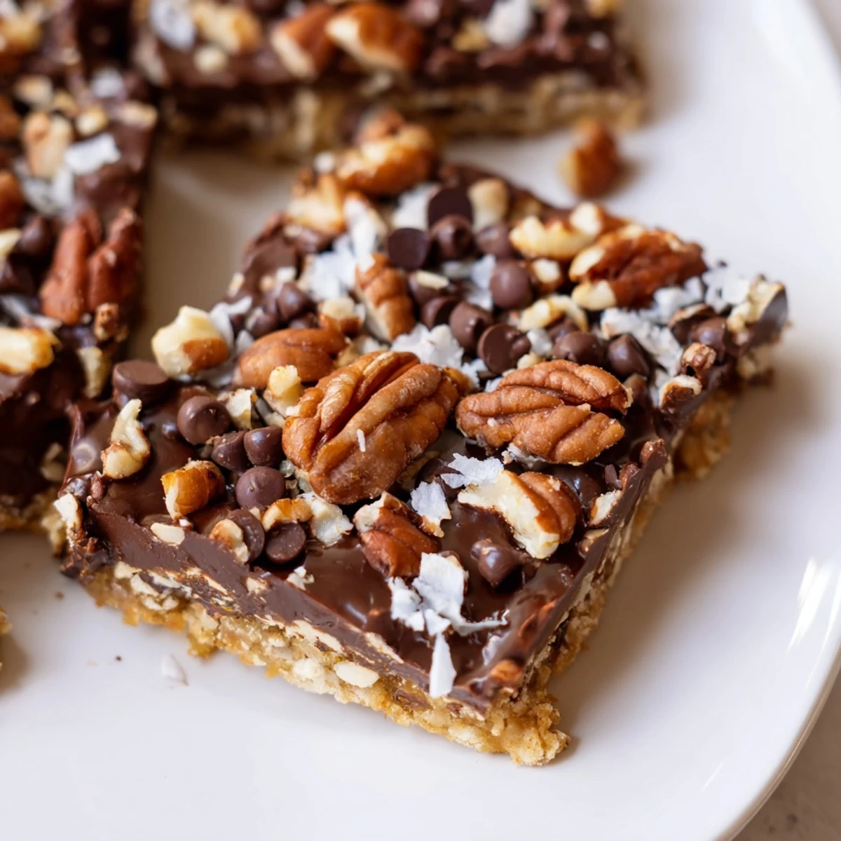 Close-up view of Chocolate Treat Bar Sweet with shredded coconut and pecans, ideal for dessert or afternoon snack.
