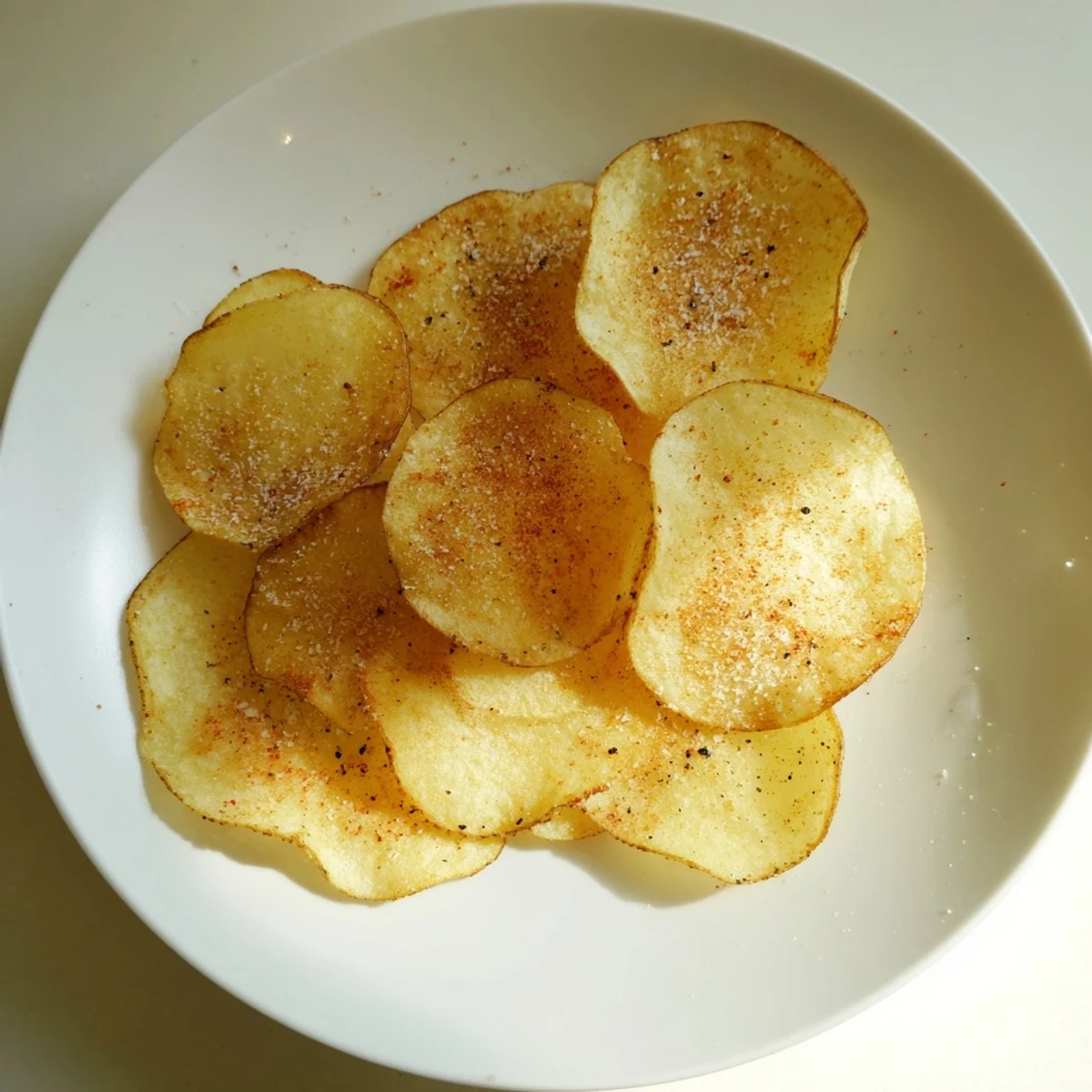 Thin russet potato slices seasoned with sea salt and paprika, perfectly crisp.