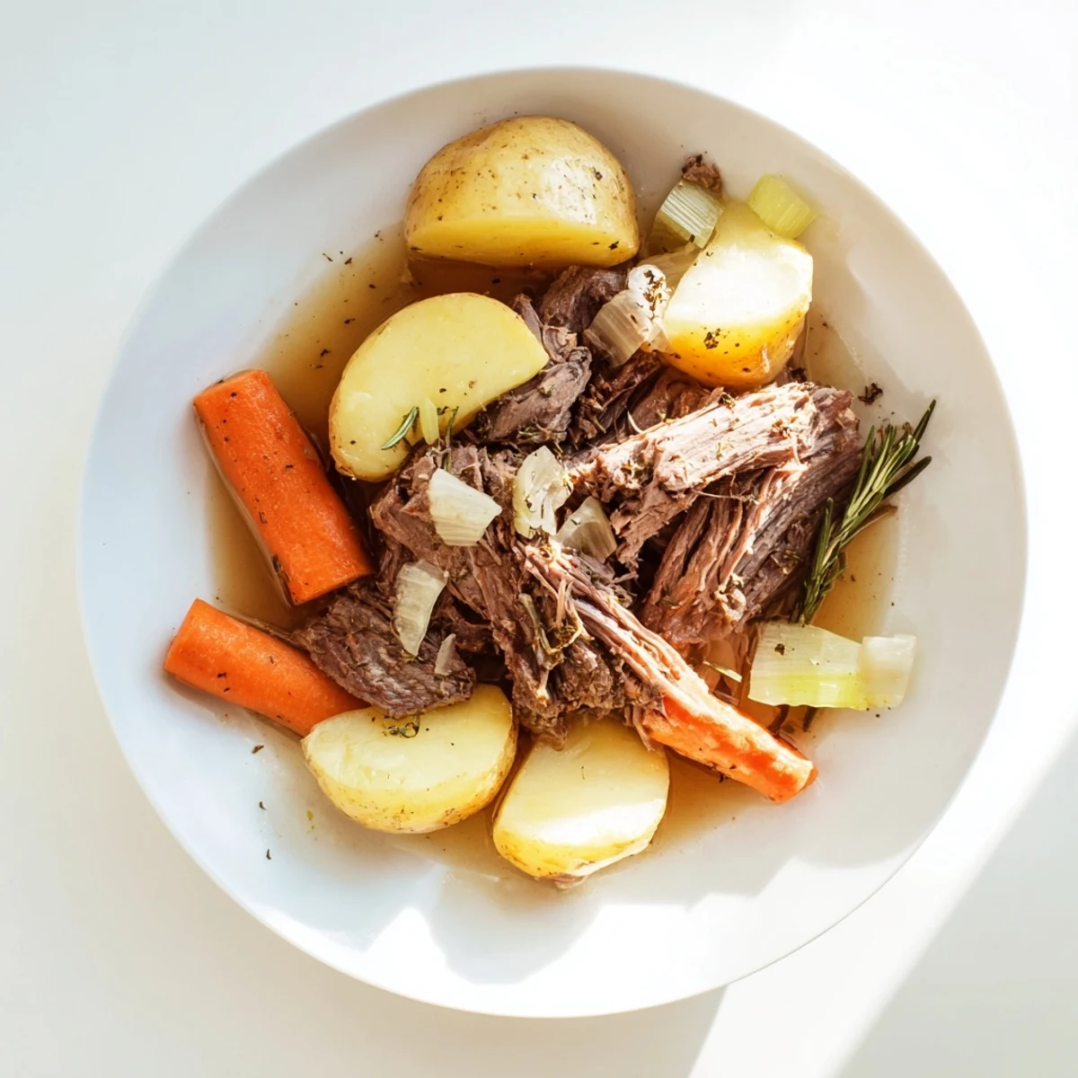 Slow cooker pot roast with tender beef, carrots, and potatoes in rich, savory gravy.