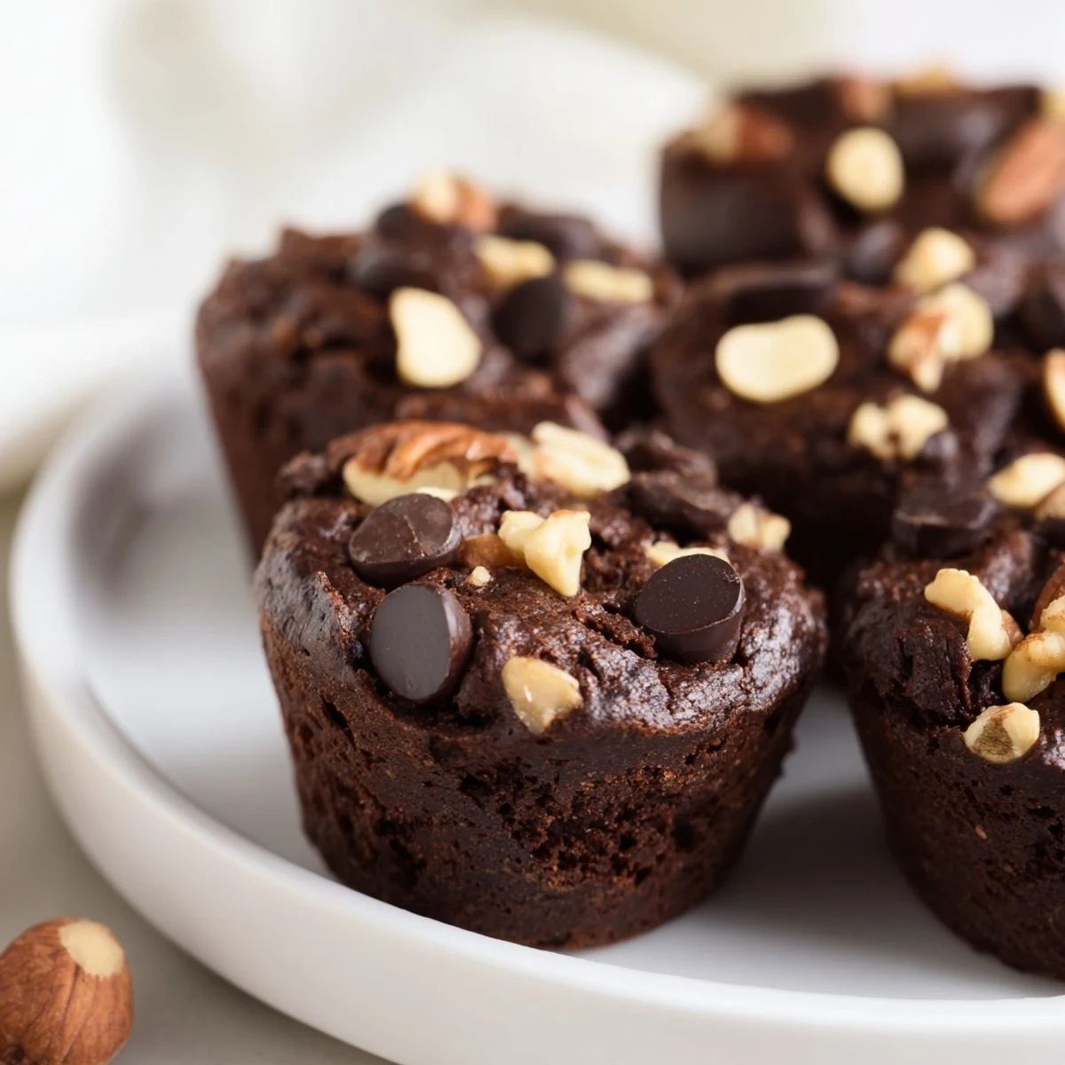 Warm chocolate brownie bites with nuts, served on a white plate with a glass of milk for an indulgent snack.
