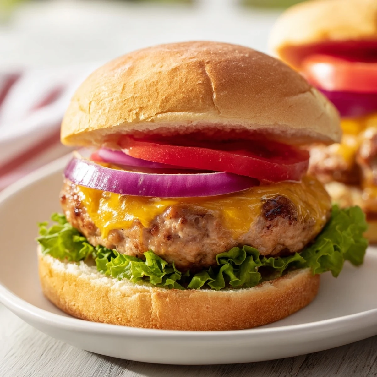 A juicy Turkey Cheese Burger on a toasted bun with melted cheddar, lettuce, tomato, and crisp red onion slices.