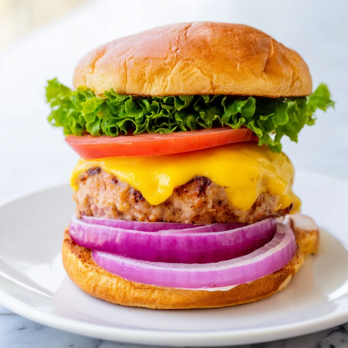 Grilled turkey patty with melted cheese on a soft bun, served with ketchup, lettuce, and tomato.