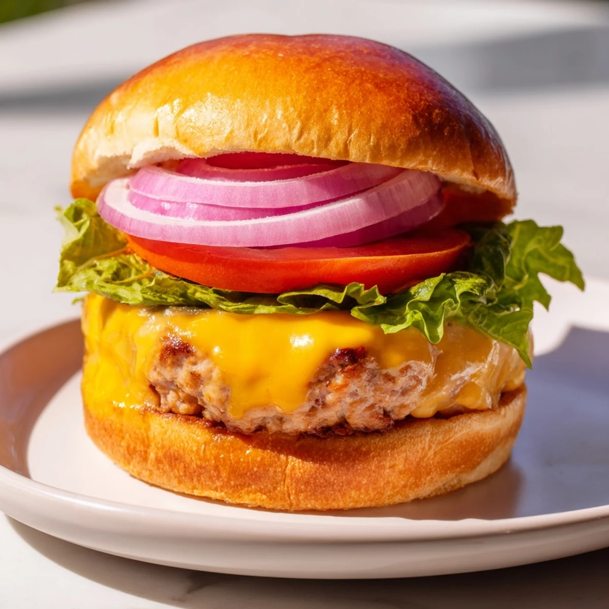 Stacked high with melted cheese, this Turkey Cheese Burger on a bun features classic condiments and fresh vegetables.