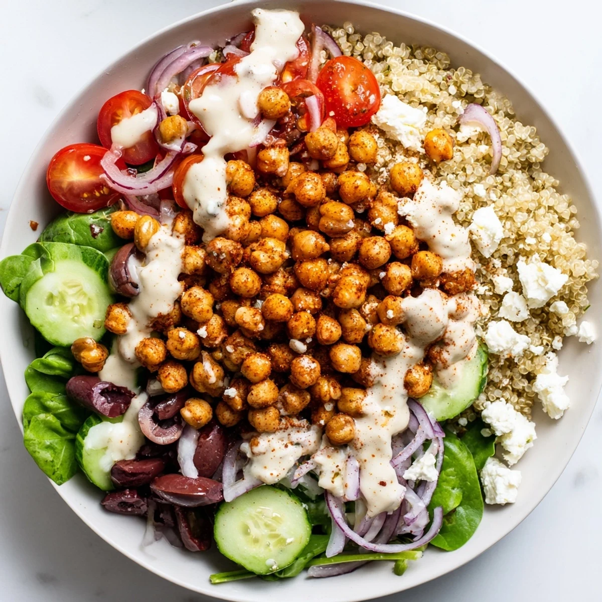 A vibrant Mediterranean Meal Bowl with roasted chickpeas and fresh cucumbers, drizzled with creamy lemon-tahini dressing.