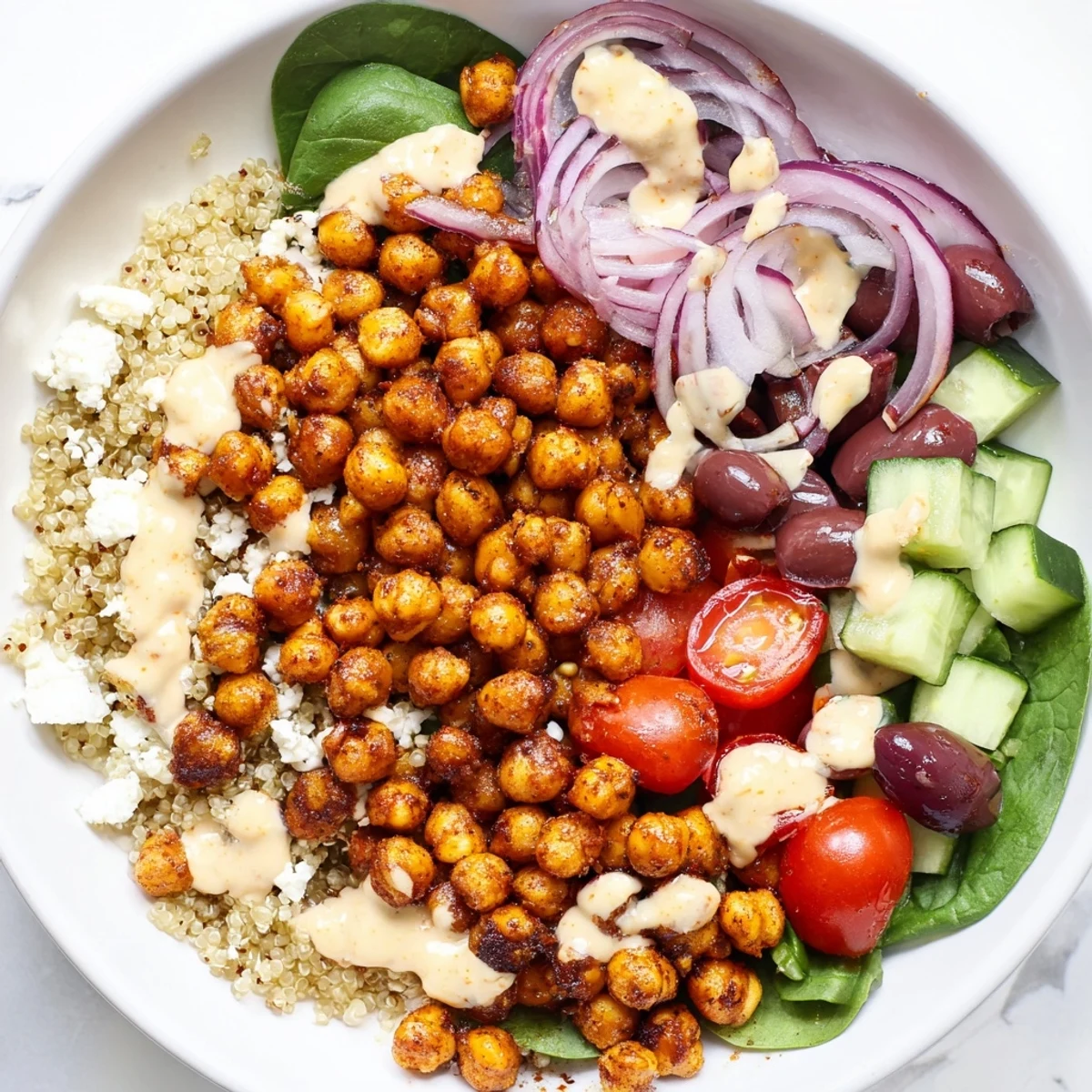 A close-up of a Mediterranean Meal Bowl, showing crumbled feta, Kalamata olives, and fluffy quinoa base.