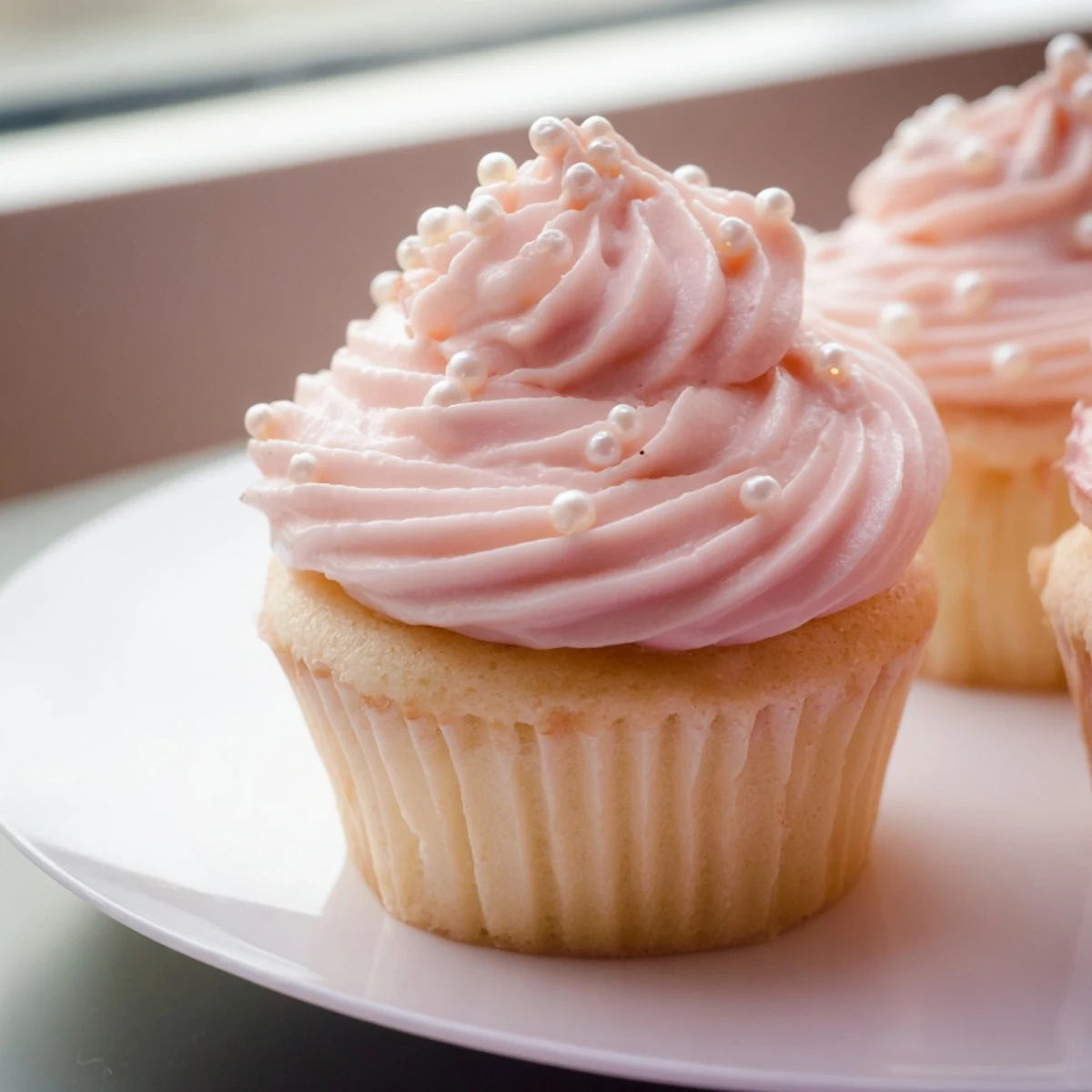 Pink Champagne Cupcakes arranged on a white ceramic stand, perfect for birthdays, bridal showers, or festive celebrations.