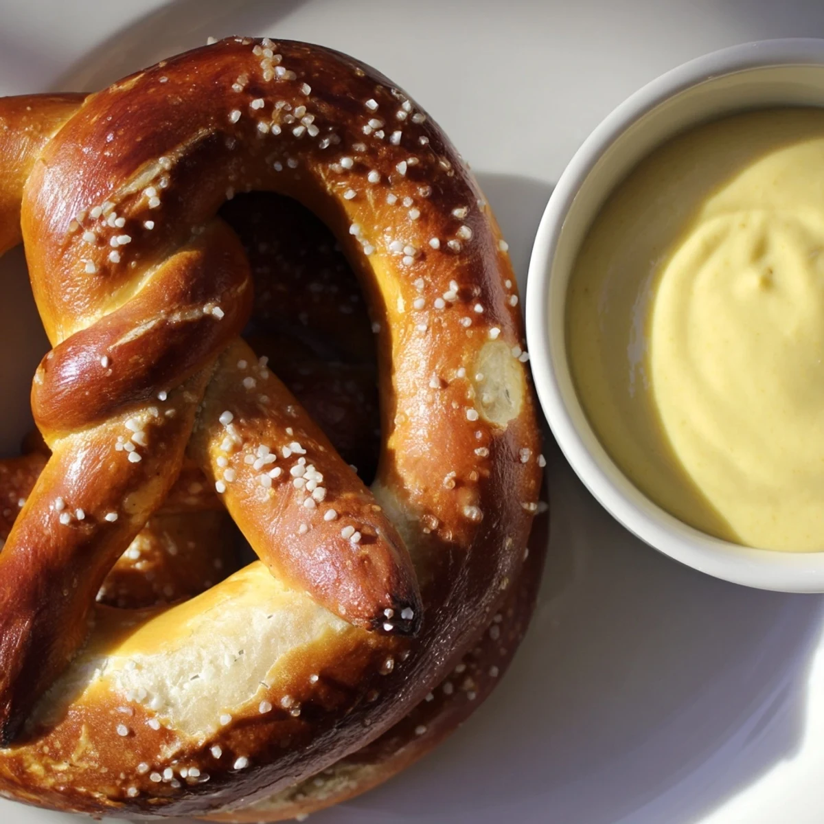 A close-up of soft, twisted Game Day Soft Pretzels with Cheese Dip reveals their pillowy interior and golden crust, alongside a bowl of creamy dip.  
