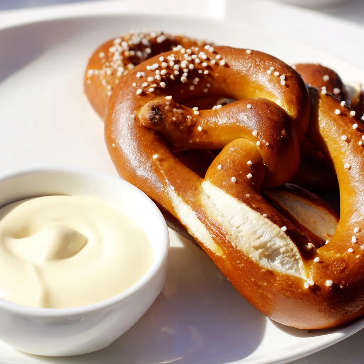 Game Day Soft Pretzels with Cheese Dip are arranged for sharing, with one pretzel torn open to show the fluffy texture and cheese dip.