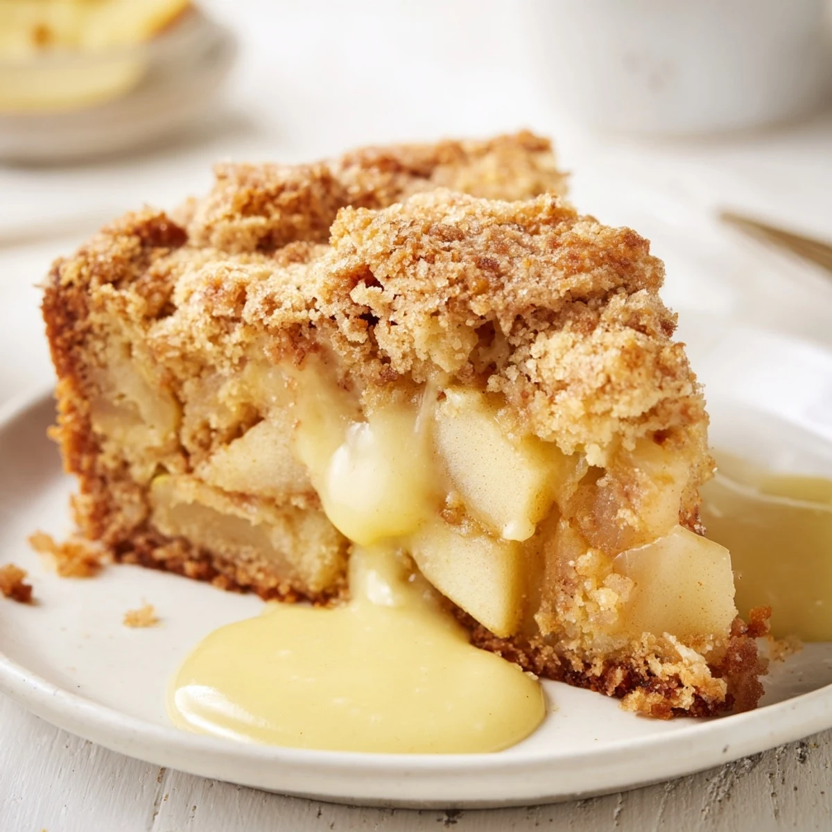 A warm Irish Apple Cake with Custard shows its thick custard drizzle over a spiced apple interior, perfect for an American dessert table or afternoon tea party.