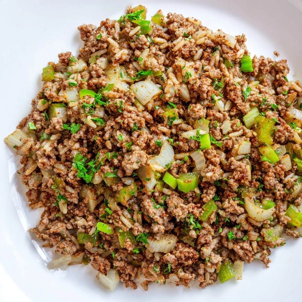 Golden Cajun Dirty Rice with ground turkey and green onions, served hot as a hearty Southern main dish.