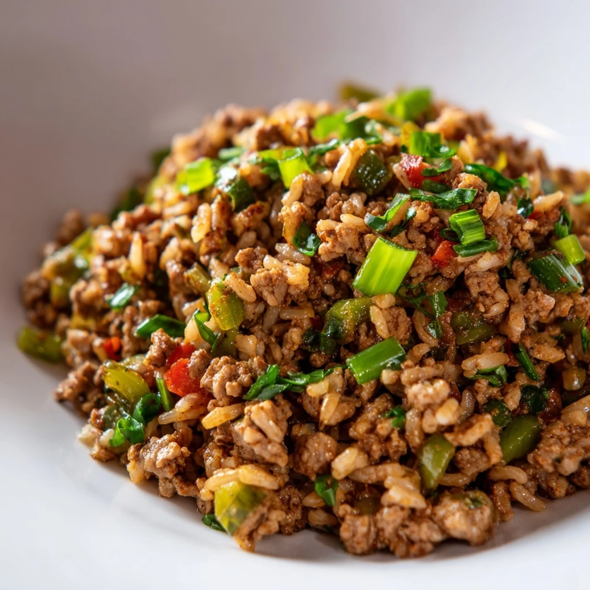 Hearty Cajun Dirty Rice with ground turkey, garnished with fresh parsley and a side of sautéed greens.