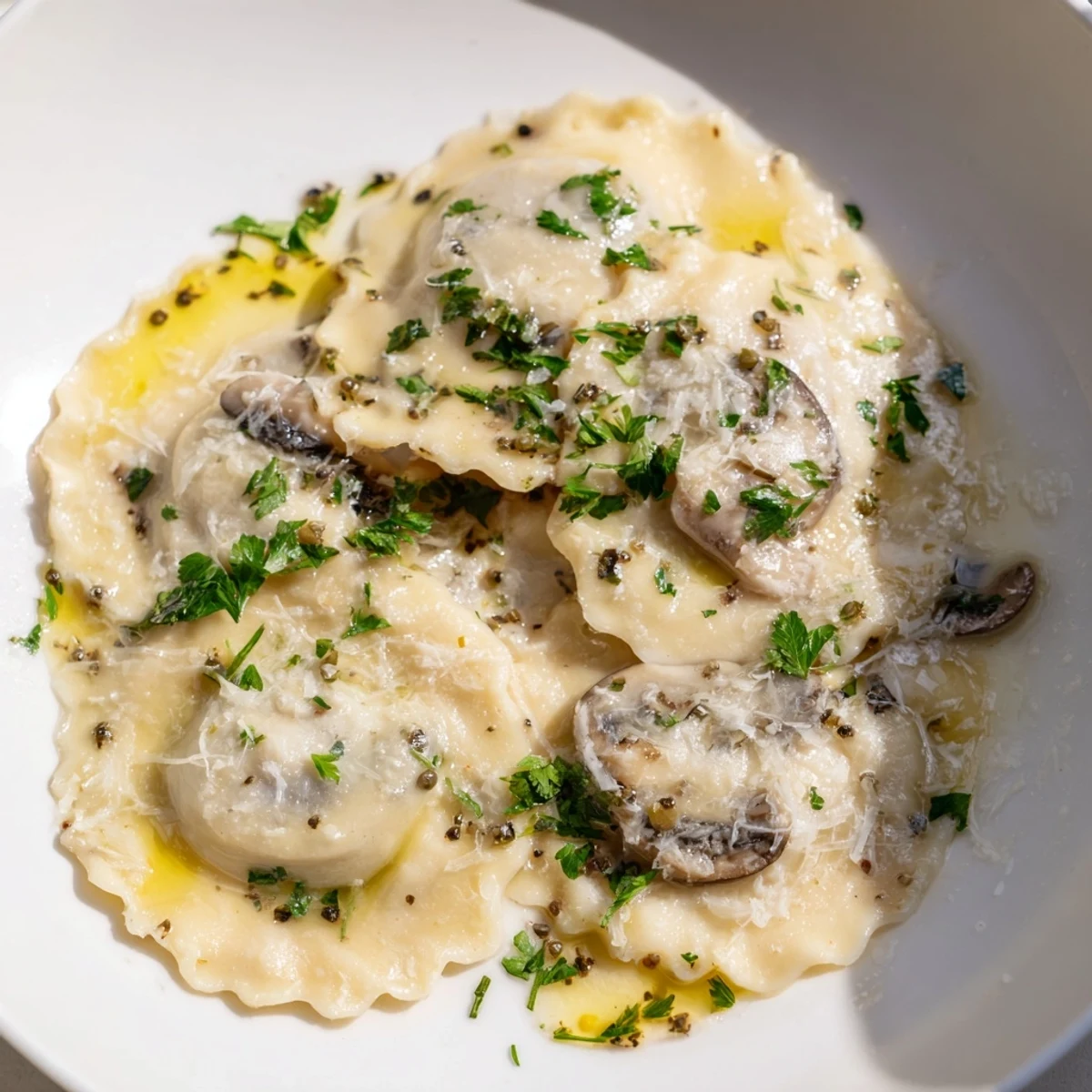 Steaming Date Night Mushroom Ravioli with Truffle Oil on a white plate, garnished with fresh parsley and a glass of Pinot Grigio.