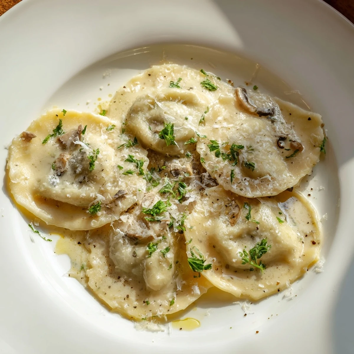 Perfectly cooked mushroom ravioli in a creamy sauce, drizzled with truffle oil for a luxurious Date Night Mushroom Ravioli with Truffle Oil.