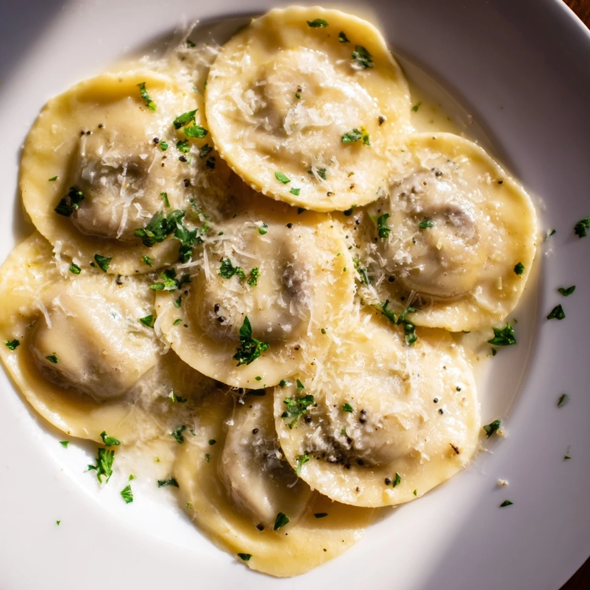 Homemade Date Night Mushroom Ravioli with Truffle Oil on a rustic wooden table, showcasing the golden pasta and rich sauce.