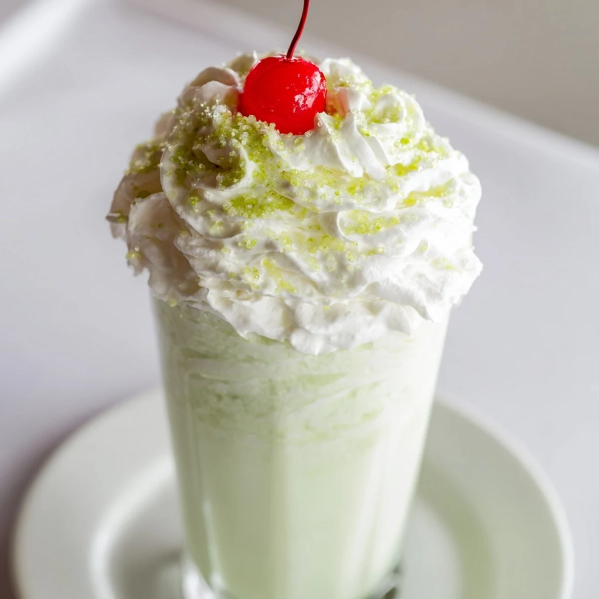 Creamy green Shamrock Shake with fluffy whipped cream, minty vanilla ice cream blended with milk, served in a frosty glass for St. Patrick's Day.  
