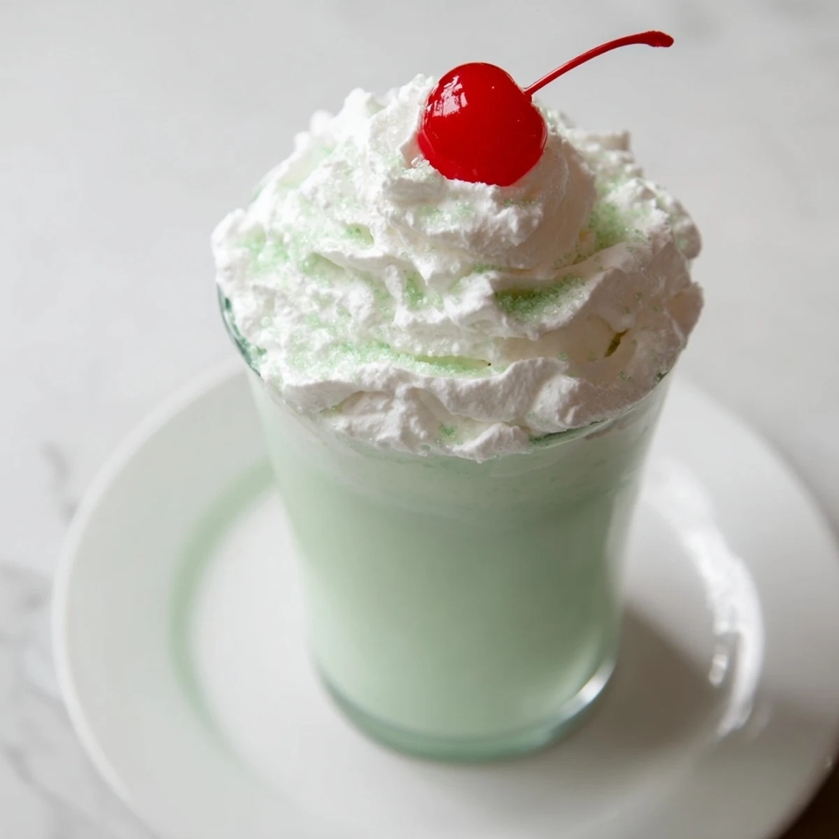 Festive Shamrock Shake topped with sweet whipped cream and green sprinkles, blended vanilla-mint ice cream and milk in a chilled glass with a straw.  