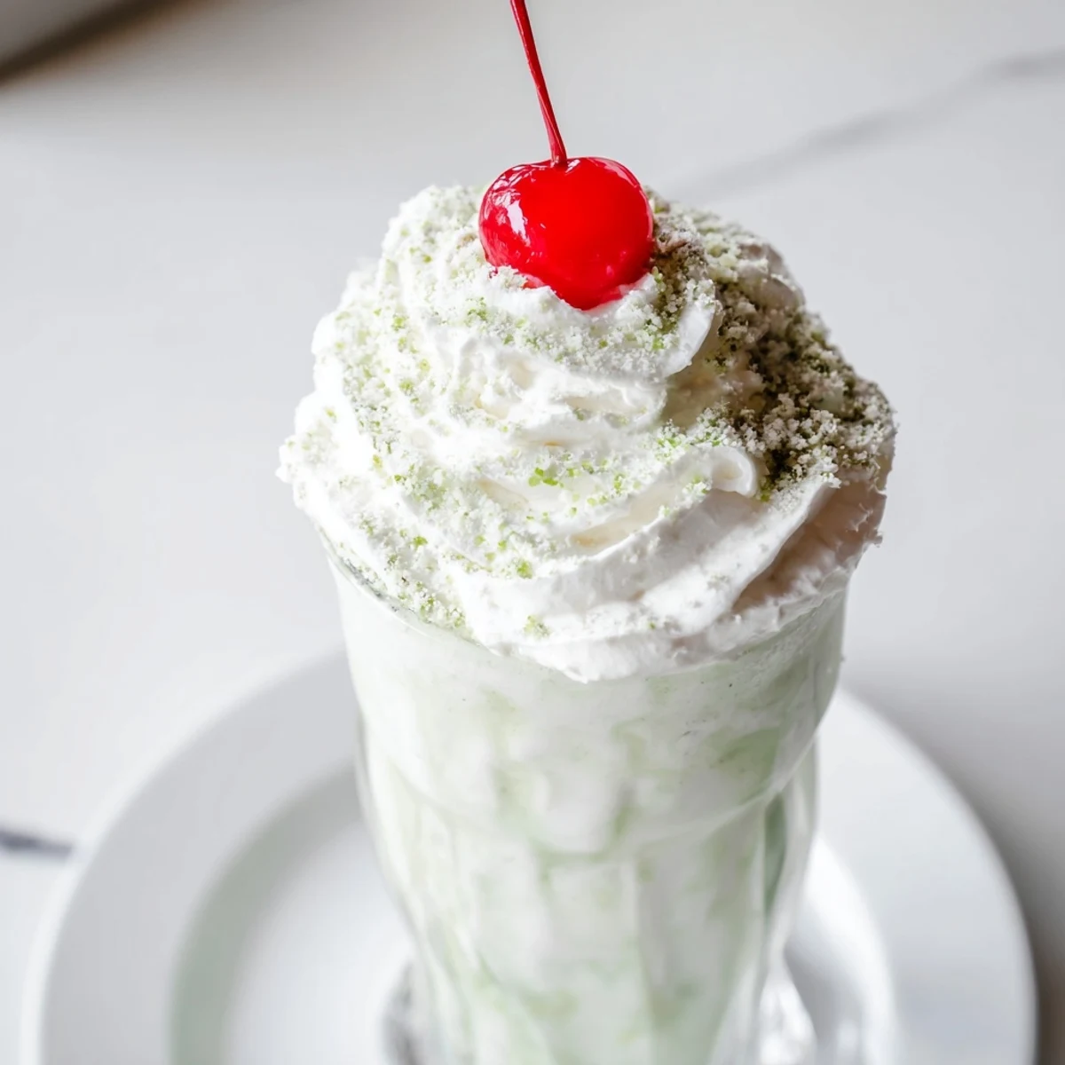 Refreshing Shamrock Shake with whipped cream, vanilla ice cream blended with peppermint extract and milk, vibrant green hue perfect for St. Patrick's Day celebrations.